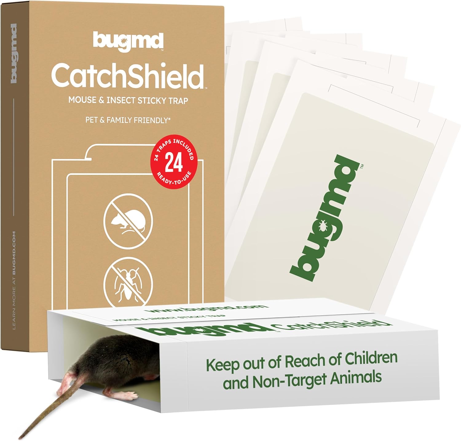 BugMD CatchShield Glue & Sticky Traps for Mice, Rats & Insects – Non-Toxic Pest Control, 24-Pack, Pet & Family Friendly, Extra-Strength, Ready-to-Use Adhesive Traps
